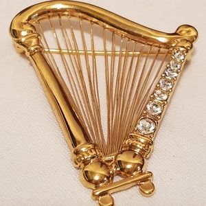 Jewelry | Vtg Gold Tone Harp Pin Brooch With Rhinstones | Poshmark